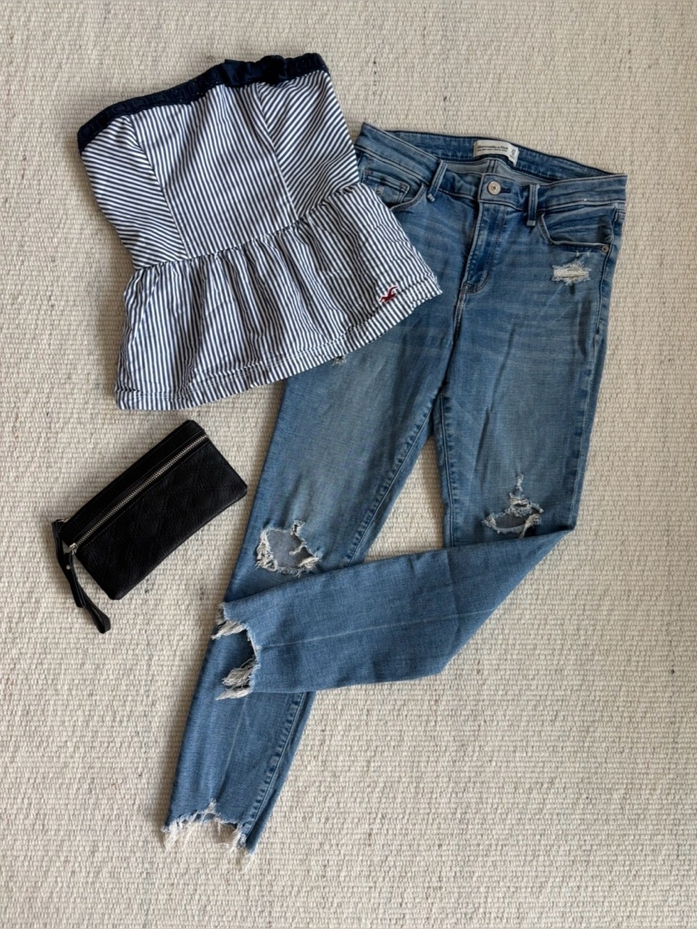 | Hollister | Navy and White Striped Strapless Peplum Top size Medium